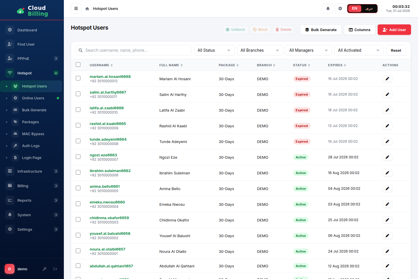 AliRadius Hotspot user management