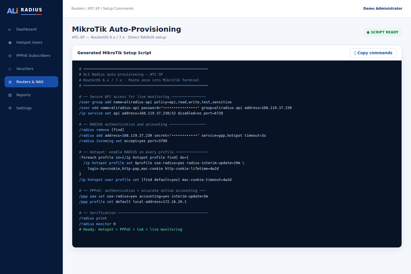ALI Radius generated MikroTik auto-provisioning script for RouterOS 6 and 7