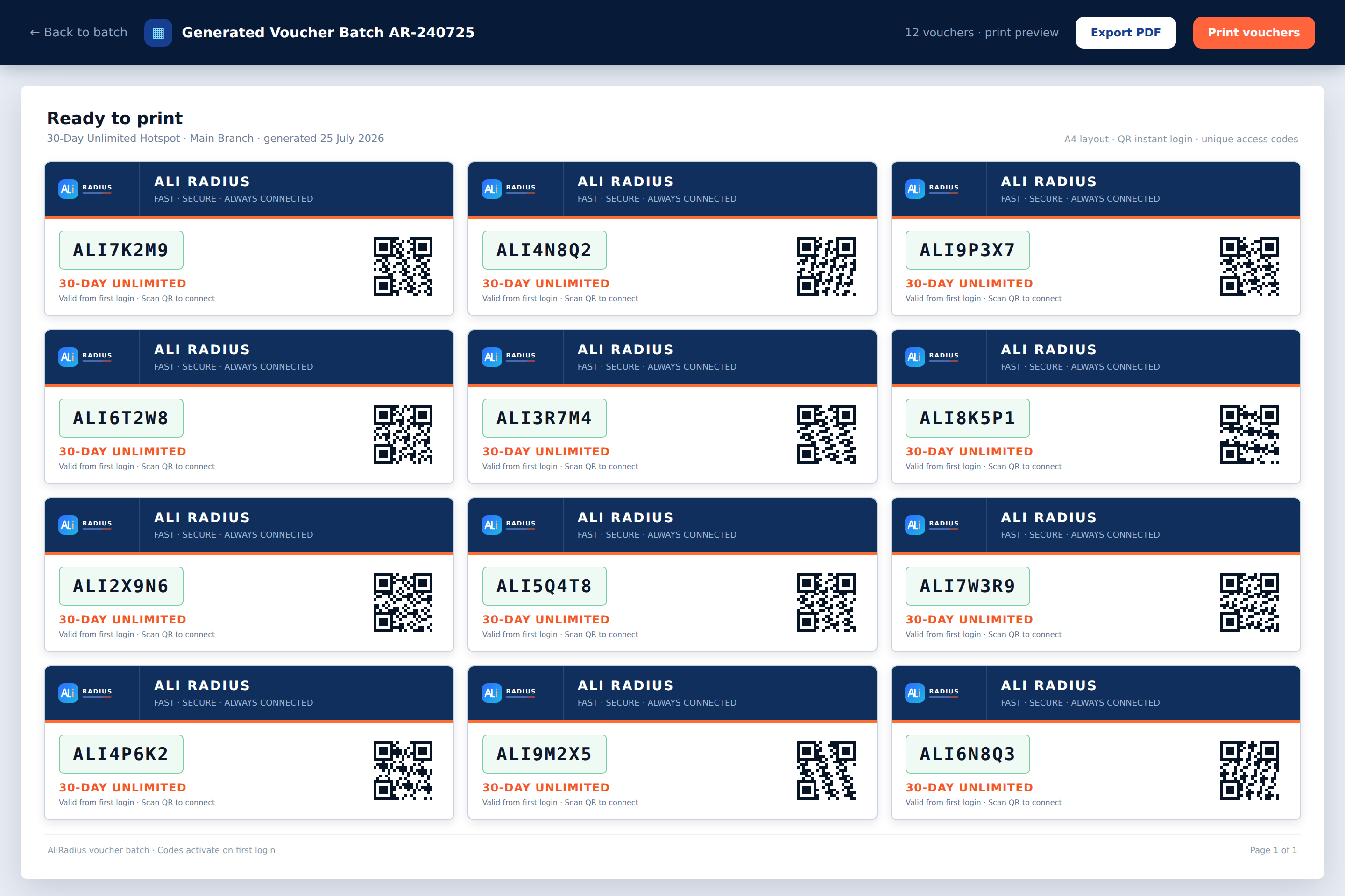 AliRadius generated printable Hotspot vouchers with QR login codes